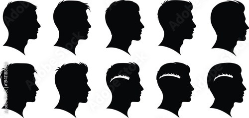 Male hairstyle silhouette vector illustration with diverse haircuts, modern grooming artwork, haircut design concept, identity style collection