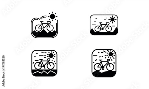 Bicycle Riding In Nature Line Art Icon Set With Sun bike cycling