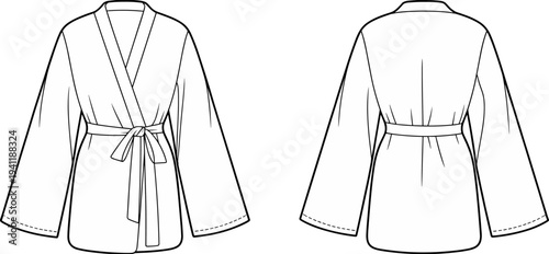Kimono style robe front and back view clothing template outline fashion garment mockup apparel design minimal flat vector illustration
