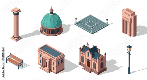Isometric architectural icons: classic structures and urban elements on white background