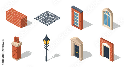 Isometric building elements: walls, windows, doors, streetlight, and chimney set