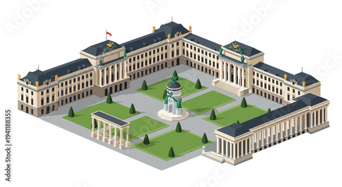 Elegant isometric palace with gardens and monument in neoclassical architectural style