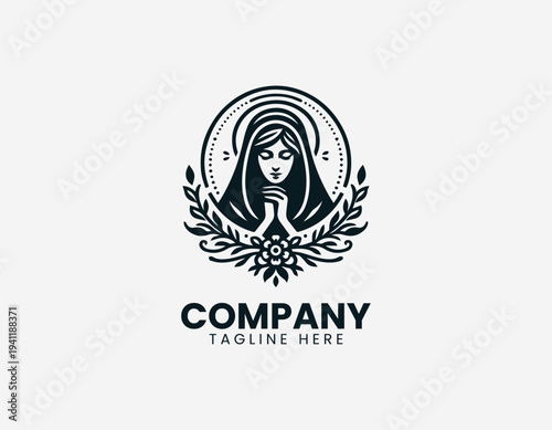 Praying woman with halo and floral vines in clean modern spiritual vector illustration