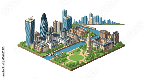 Isometric urban cityscape with iconic london skyline and famous landmarks