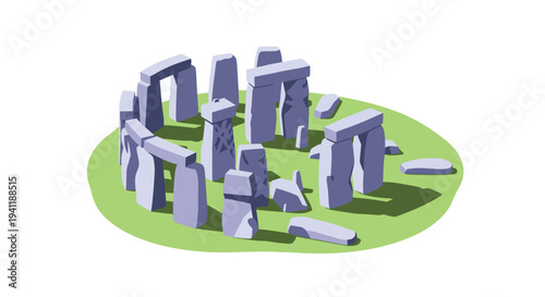 Isometric stonehenge on grass background: minimalist architectural design
