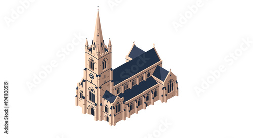 Isometric medieval church architecture design with detailed gothic elements