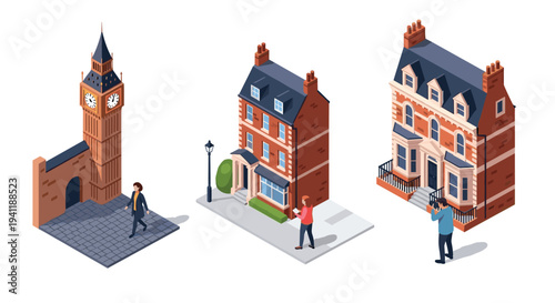 Charming isometric scenes of london architecture with people strolling nearby
