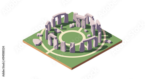 Isometric stonehenge model on a flat base with modern geometric design