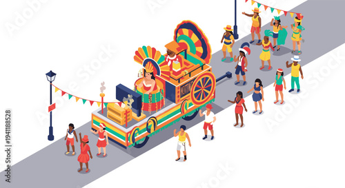 Colorful isometric parade scene with celebratory music and dancing people