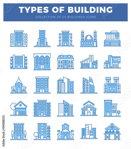 building icons with blue outlines on white background.