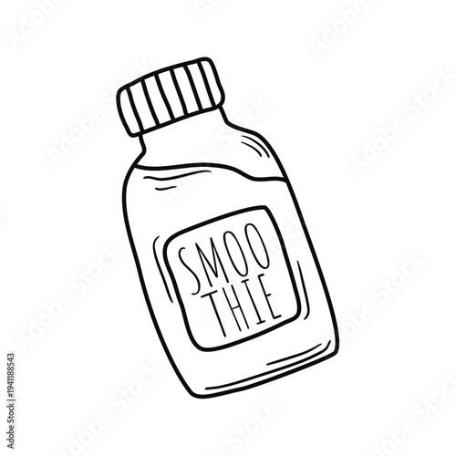Small bottle with smoothie lettering in doodle sketch style. Hand drawn drink packaging. Vector graphic