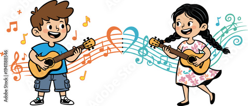 Kids, playing, guitar, music, cartoon, children, musical, education, illustration, boy, girl, instrument, melody, fun, learning, sound, vector, colorful, notes, performance