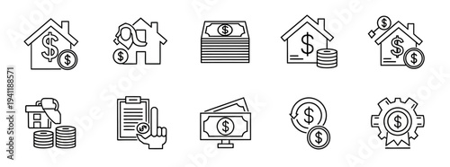 Real estate finance line icon set featuring house mortgage and money symbols symbolizing property investment and banking in flat vector style