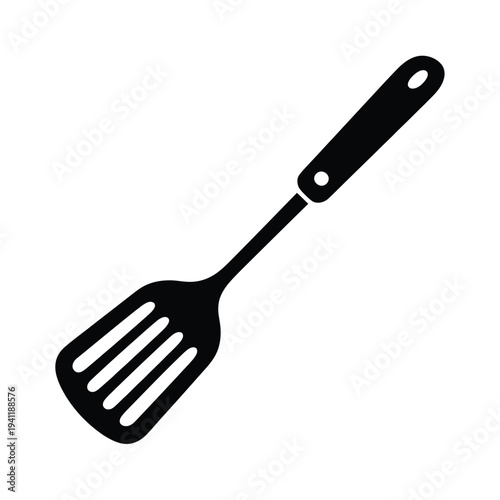 Black and white silhouette of a spatula with a handle and flat head kitchen utensil cooking tool