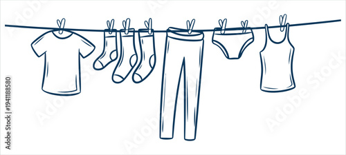 Laundry Clothes Hanging on a Washline with Clothespins and Apparel Outline Vector Illustration.