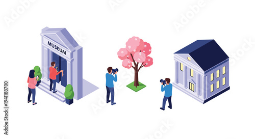 Isometric city tour: photographers capturing museum and cherry blossom
