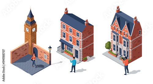 Walking tour of london townhouses and big ben in isometric style