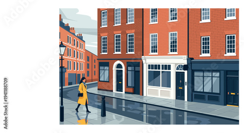 Charming urban landscape with brick buildings and reflections on a rainy day