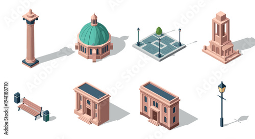 Isometric urban architecture elements: civic structures and street objects