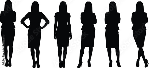 Set of professional business woman silhouettes standing in various poses, confident female corporate employees, office workers isolated on white background.