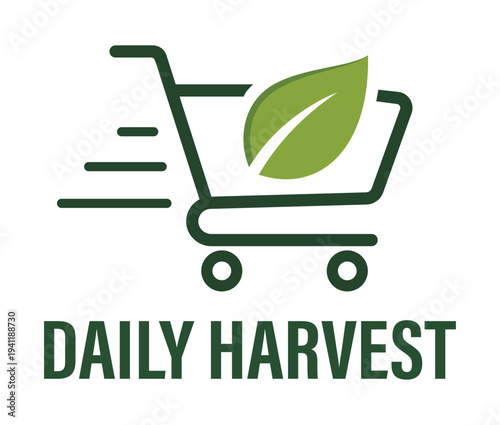 Daily Harvest Logo with Shopping Cart and Green Leaf Icon for Fresh Grocery Delivery, Organic Produce Markets, and Sustainable Food Retailers