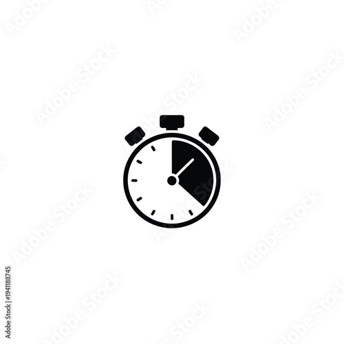 Black and white solid fill of a timer with a filled segment indicating elapsed time stopwatch