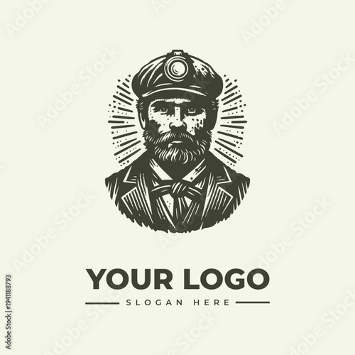 A vintage engraving-style illustration of a bearded man in a suit and cap with a light on it, surrounded by lines, against a clean white background, with a logo and slogan placeholder.