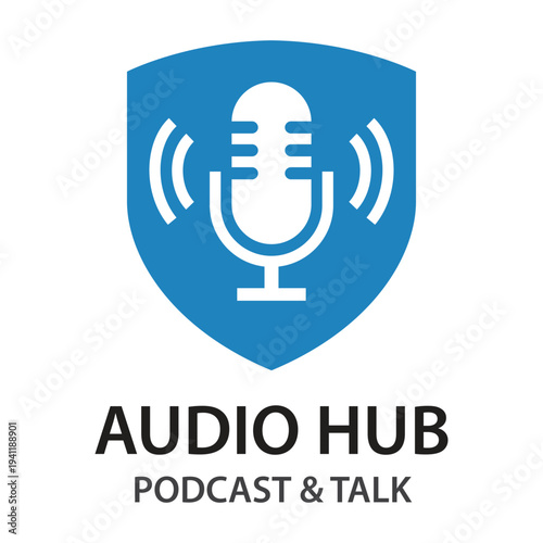 Audio Hub Podcast & Talk Logo with Microphone Shield Icon for Digital Broadcasting, Voiceover Studios, and Professional Audio Content Creators