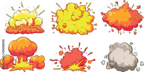 Six comic book style explosions with yellow orange and red clouds