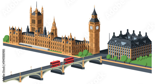 Isometric london landmark with big ben and red double-decker buses