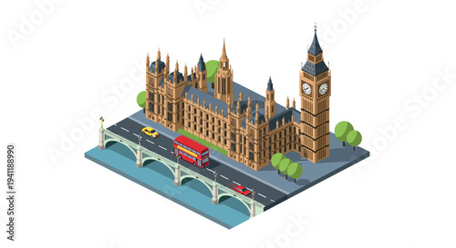Isometric view of london's iconic big ben and westminster bridge