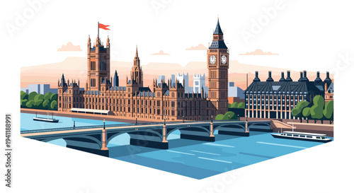 Panoramic view of iconic british landmark with river and bridge in flat design