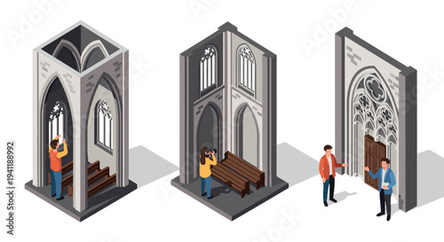Isometric gothic architecture: people exploring detailed historical cathedral interiors