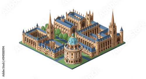 Isometric view of historical gothic architecture complex with towers and domes