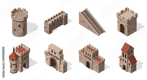 Medieval fortress set with isometric castle walls and towers