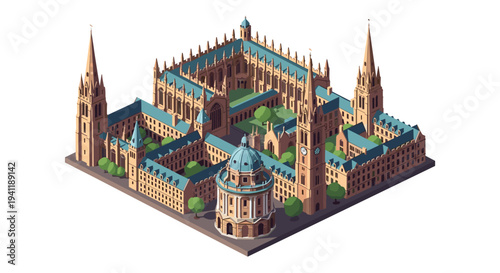 Isometric architecture of historic university with spires and courtyards