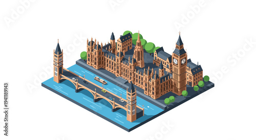 Isometric view of big ben and london bridge with river and trees
