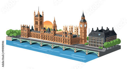 Iconic london landmark in isometric design with thames river and sunset