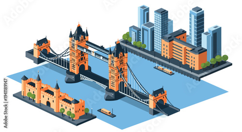 Isometric london cityscape with tower bridge and modern architecture