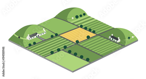 Isometric rural landscape with fields, hills, and farmhouses in a minimalist style