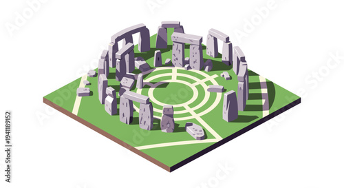 Isometric stonehenge model with green circular pattern in 3d
