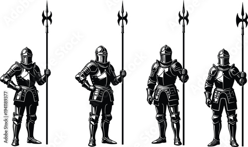Medieval knights in full plate armor holding halberds, black and white illustration, historical warriors, detailed weaponry, ancient battle figures, stylized artwork