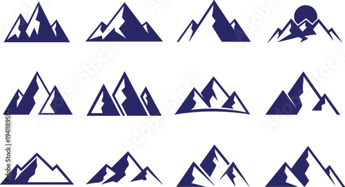 Mountain icon vector illustration with stylized peaks, scenic landscape artwork, minimalist outdoor design, snowcapped summit graphics, adventure travel concept collection