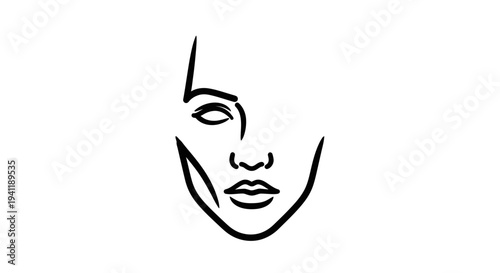 Abstract minimalist black line art portrait capturing elegant human facial features and serene