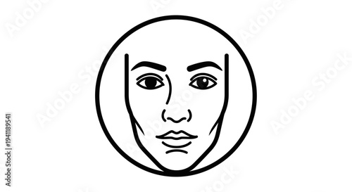 Minimalist black and white human face icon in a circular frame, clean line art illustration
