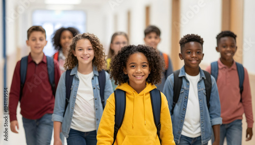 Diverse group of smiling elementary school children walking down a bright hallway with backpacks