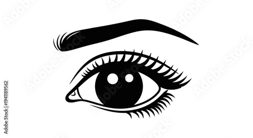 Striking black and white minimalist eye illustration with elegant eyebrow and detailed lashes