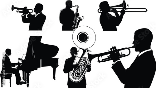 Musician silhouette vector illustration with jazz ensemble, instrument artwork, performance design concept, saxophone trumpet trombone piano collection