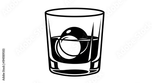 Stylized monochrome illustration of a whiskey glass with a single large spherical ice cube perfect