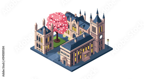 Charming isometric medieval landmark with museum and cherry blossoms